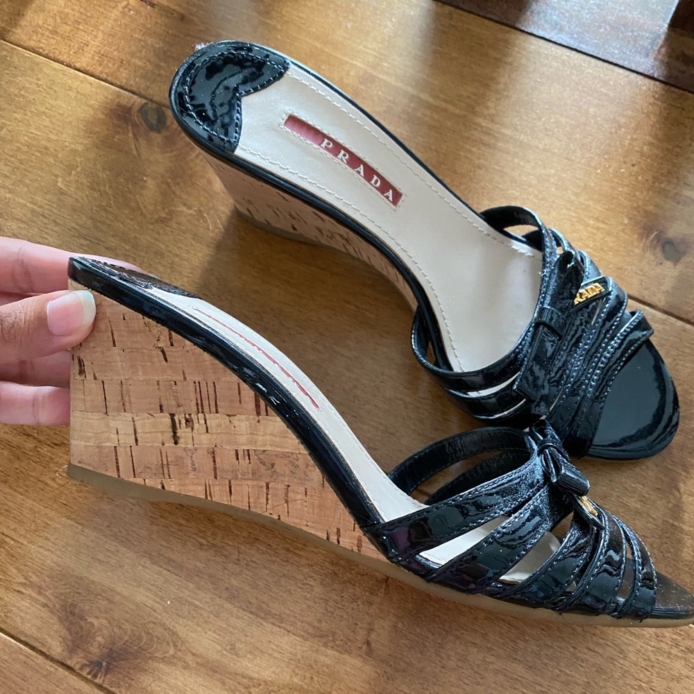 PRADA Black Patent Leather Cork Wedge Heel Sandals